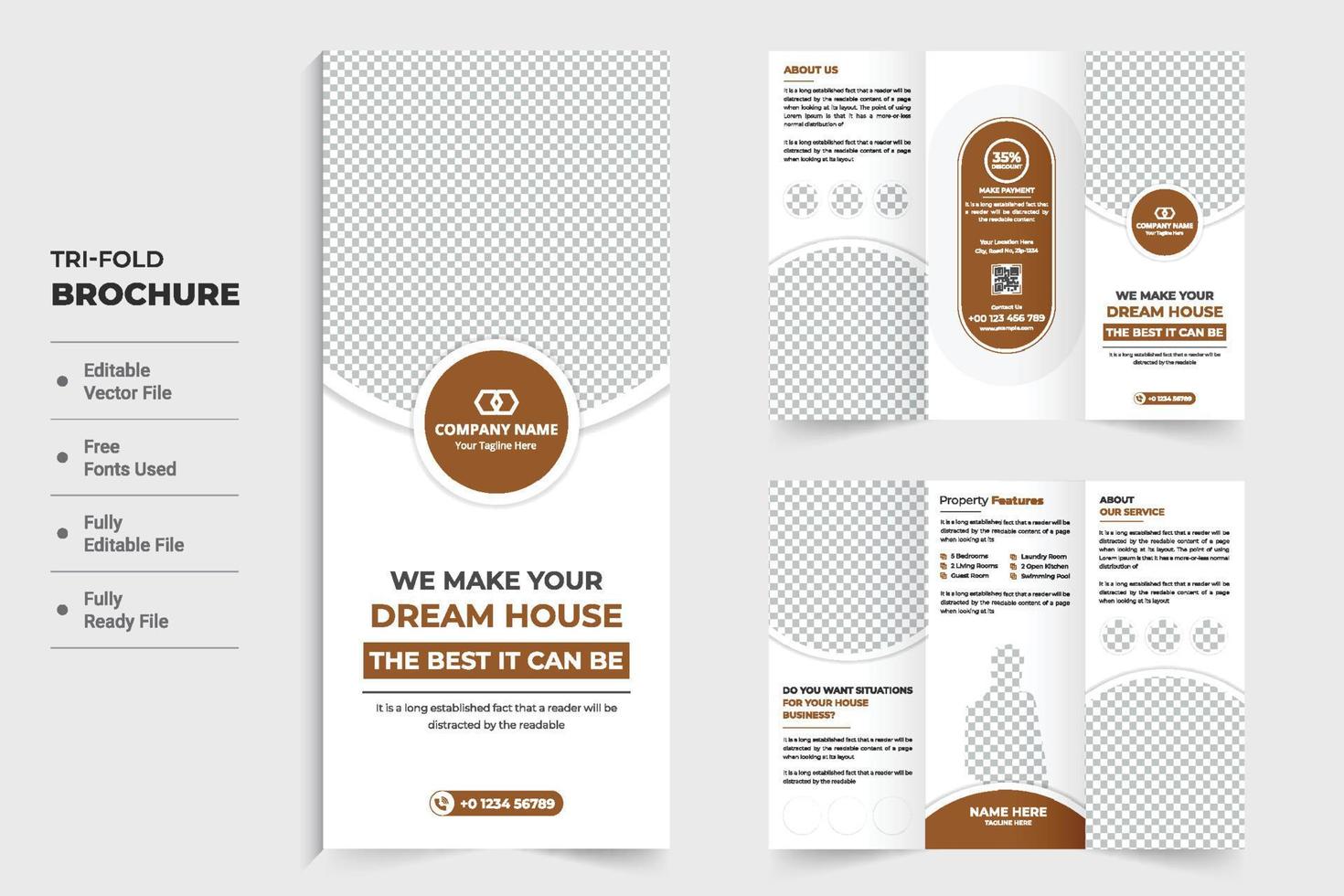 Home construction and renovation business promotional tri fold brochure design with chocolate color shapes. House sale advertisement leaflet vector. Real estate brochure design with photo placeholders vector