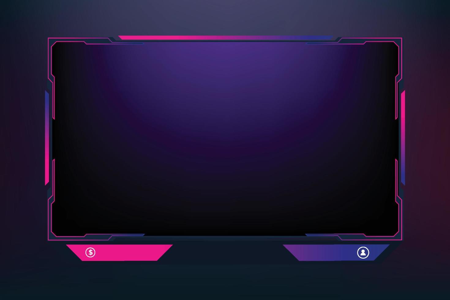 Futuristic display interface and broadcast overlay design on a dark background. Modern screen interface and frame decoration for online gamers. Streaming screen panel and gaming overlay vector. vector