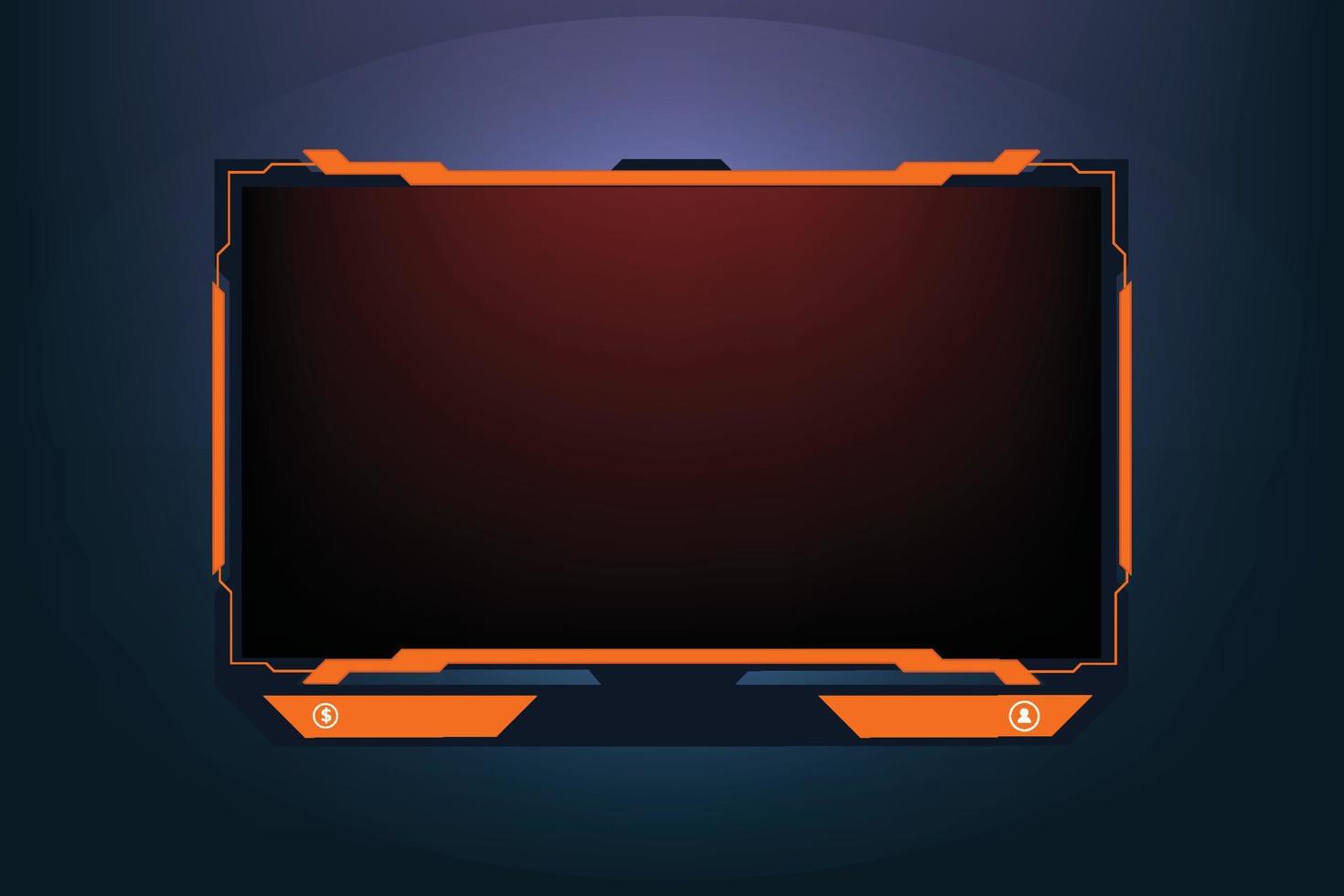 Creative display frame border decoration with orange color shapes and online buttons. Futuristic gaming screen panel design on a dark background. Live streaming frame border design for online gamers. vector