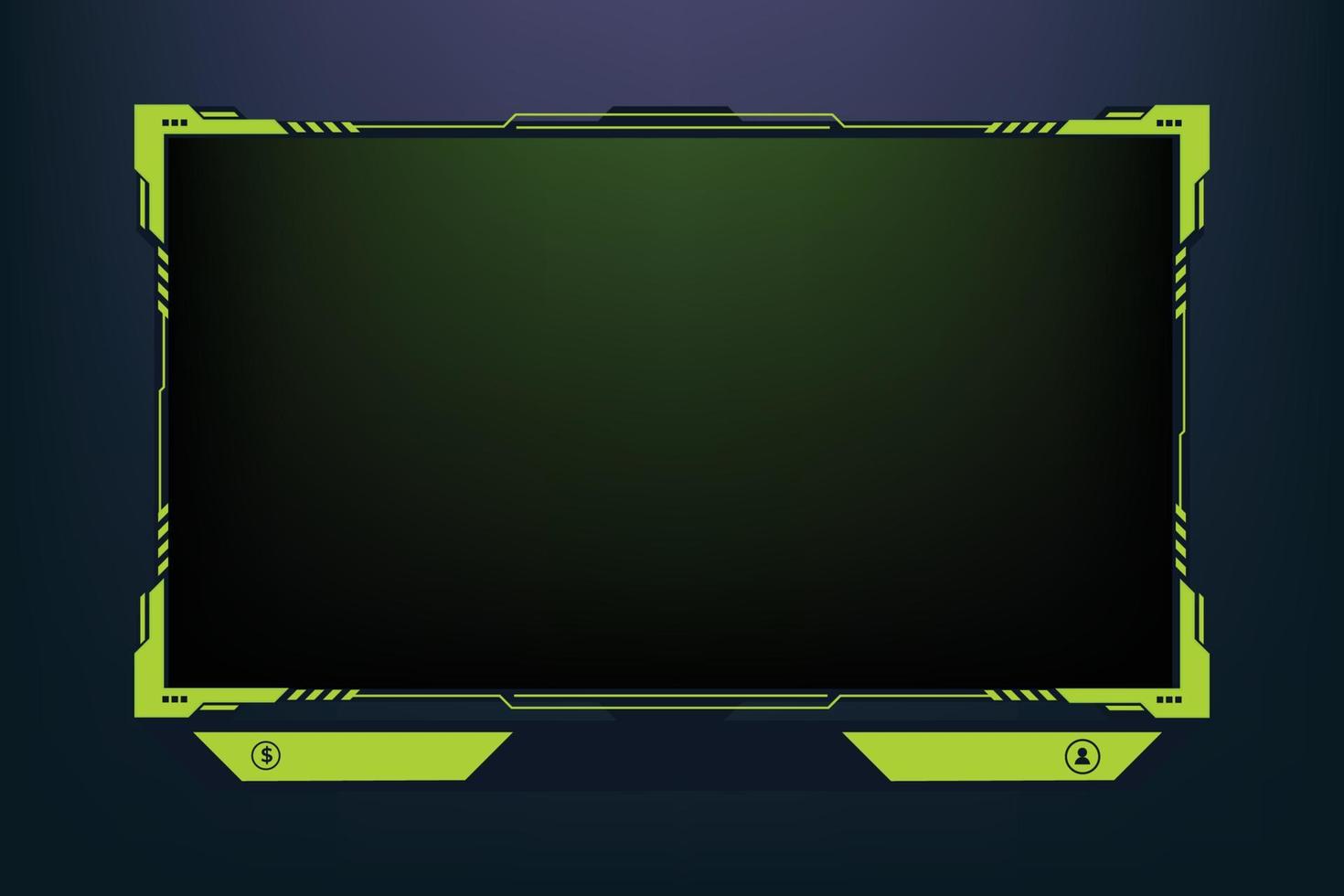 Live gaming overlay design with buttons and screen panels for online gamers. Gaming screen overlay decoration with futuristic shapes. Live streaming overlay vector with green and dark colors.