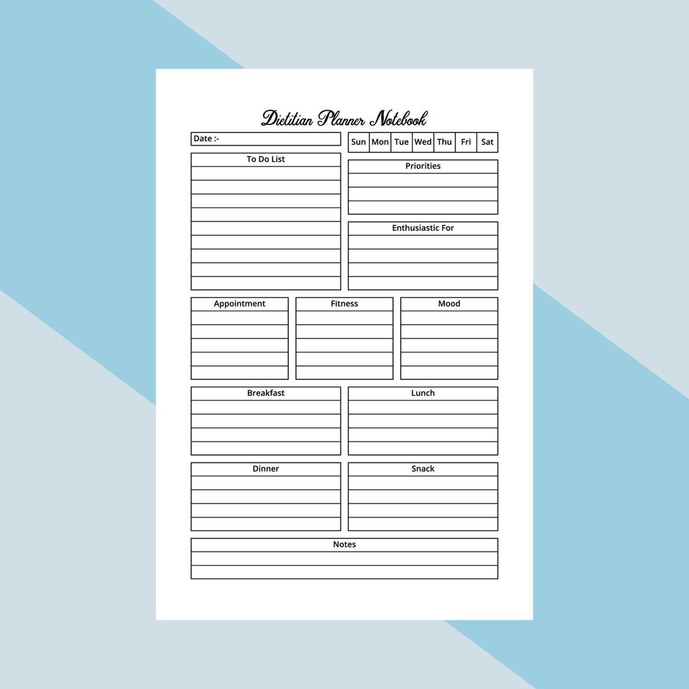 Dietitian planner journal interior. Daily diet schedule paper and food habit planner template. notebook interior. Daily diet and nutrition planner log book template. vector