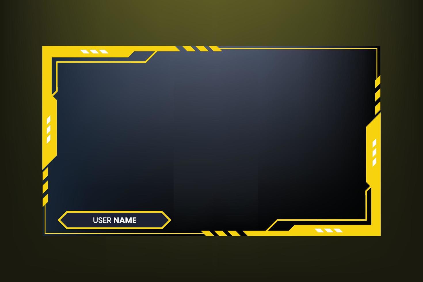 Online gaming overlay vector with button elements for live streaming screens. Broadcast screen interface design with yellow color shapes on a dark background. Futuristic stream overlay vector design.