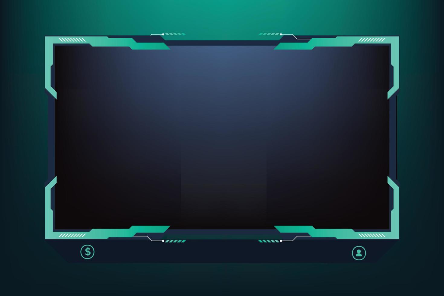 Creative gaming screen frame design with dark green color on a black background. Futuristic screen overlay decoration with online buttons. Live streaming broadcast screen panel with abstract shapes. vector