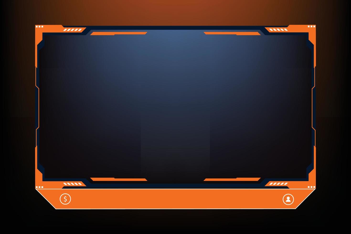 Gaming overlay vector with orange and dark color shapes. Streaming overlay frame and screen interface decoration. Futuristic live streaming overlay design with creative shapes for online gamers.