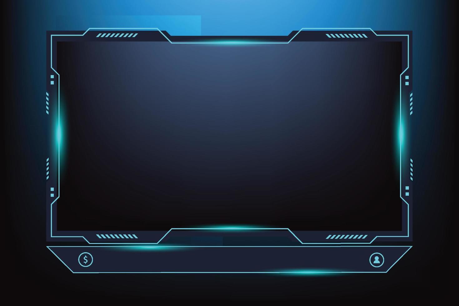 diseño de panel de pantalla de transmisión en vivo con colores azules brillantes. vector de borde de marco de canal de juego en línea sobre un fondo oscuro. superposición de transmisión y diseño de interfaz de pantalla con luces de neón azules.