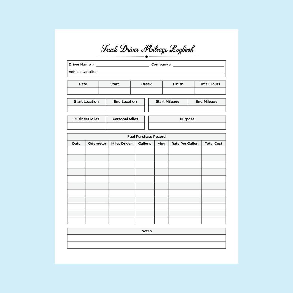 Truck driver journal interior. Truck fuel purchase checker and daily mileage tracker template. Notebook interior. Truck driver information and mileage notebook interior. vector