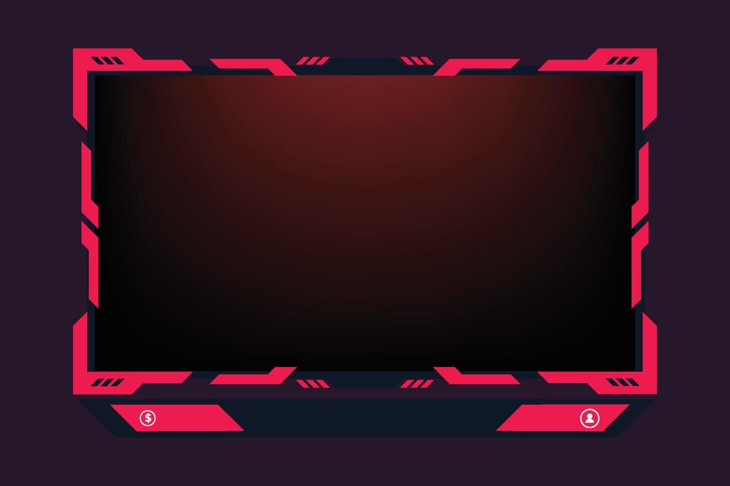 Gaming screen panel design with red borders on a dark background. Live streaming overlay vector with buttons for online gamers. Gamers screen panel decoration with abstract shapes and lights.