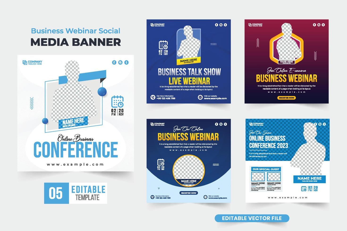 Business webinar social media post set vector with blue and red colors. Modern business promotional poster bundle for marketing. Office conference and seminar web banner collection vector.