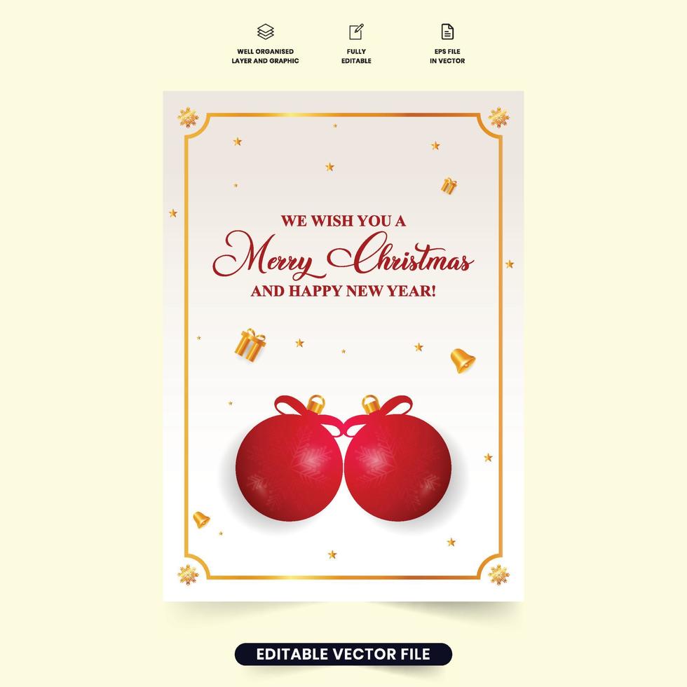 Creative Christmas greeting and wish card template design on an off-white background. Christmas gift card vector with golden elements and red decoration balls. Xmas greeting card layout design.