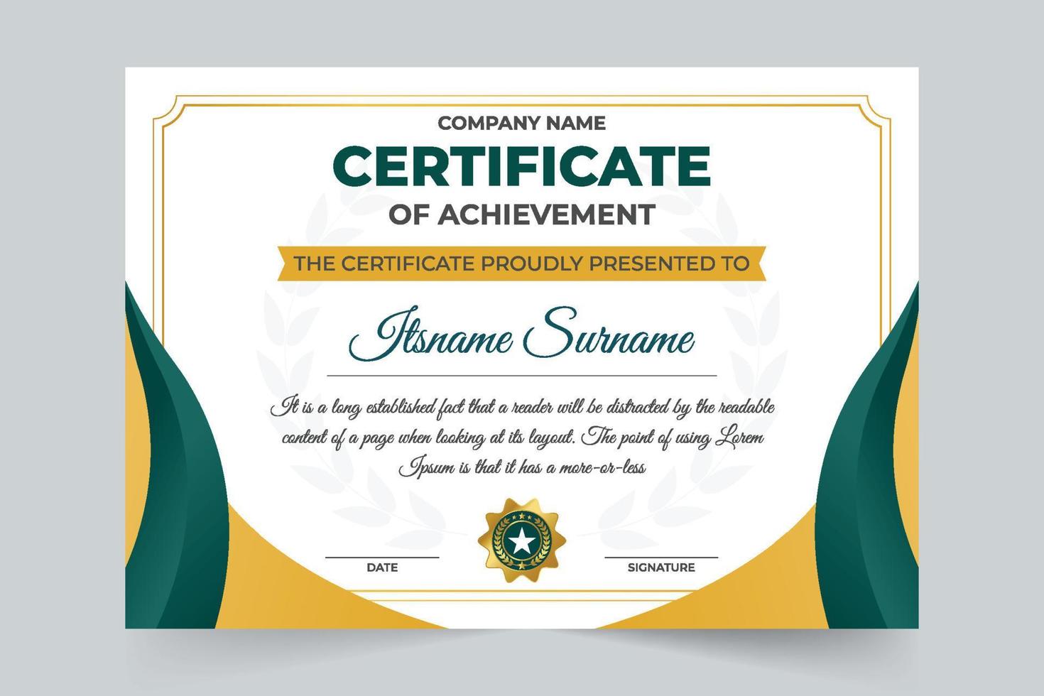 Certificate of achievement and diploma design with golden and green colors. Special award certificate vector for occasions of sports. Academic certificate design with abstract shapes and calligraphy.