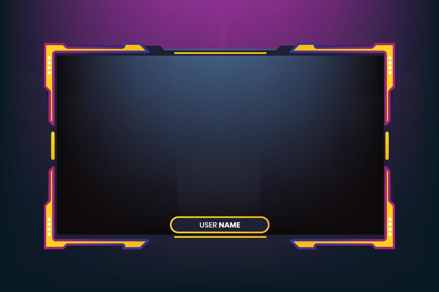 Futuristic gaming overlay template. Online gaming overlay design with buttons. Broadcast screen interface design with yellow and purple colors. Live streaming screen vector on a dark background.