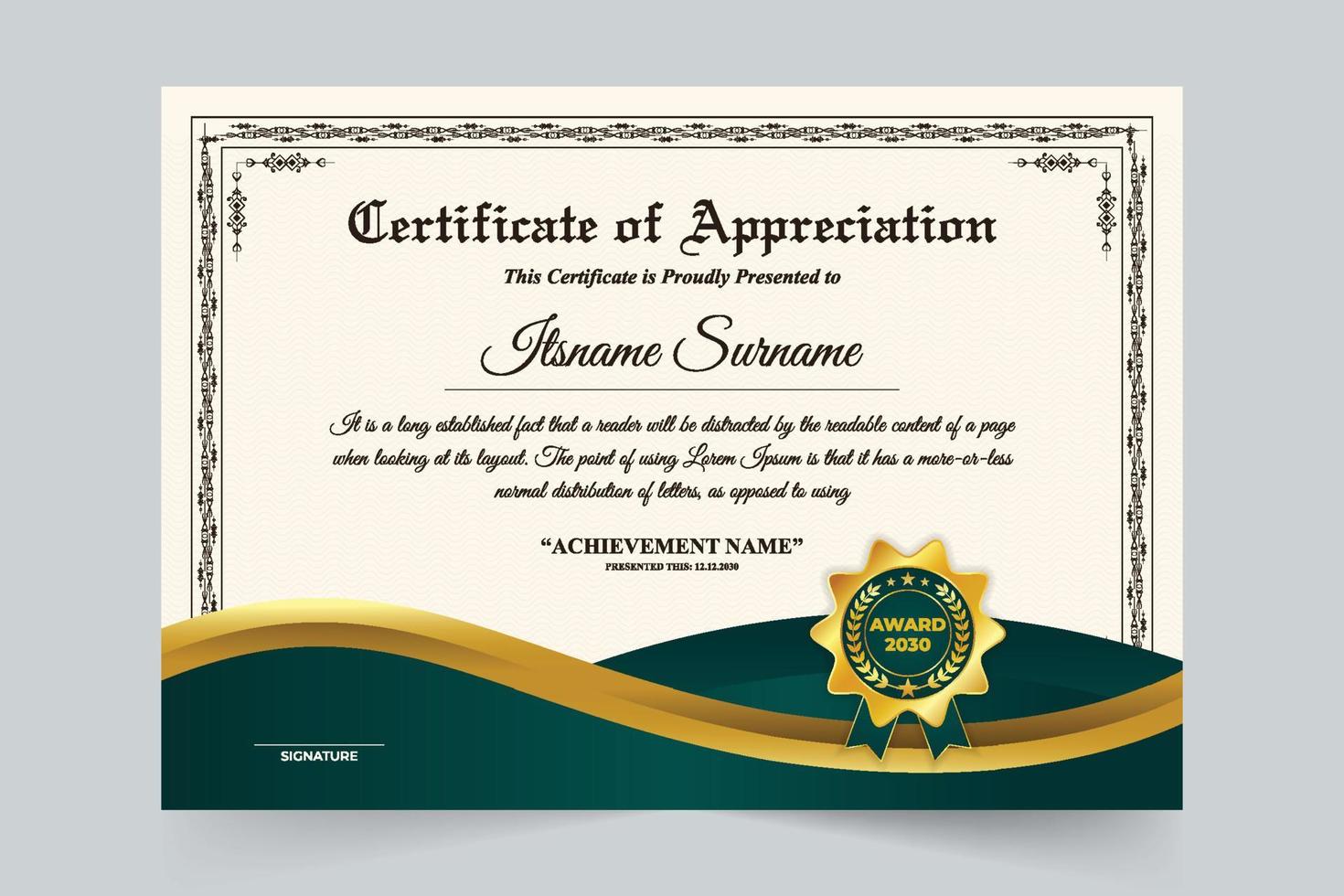 Academic course and diploma certificate design with vintage frame elements. Modern credential and honor certificate design with dark green and golden colors. Business Achievement appreciation paper. vector