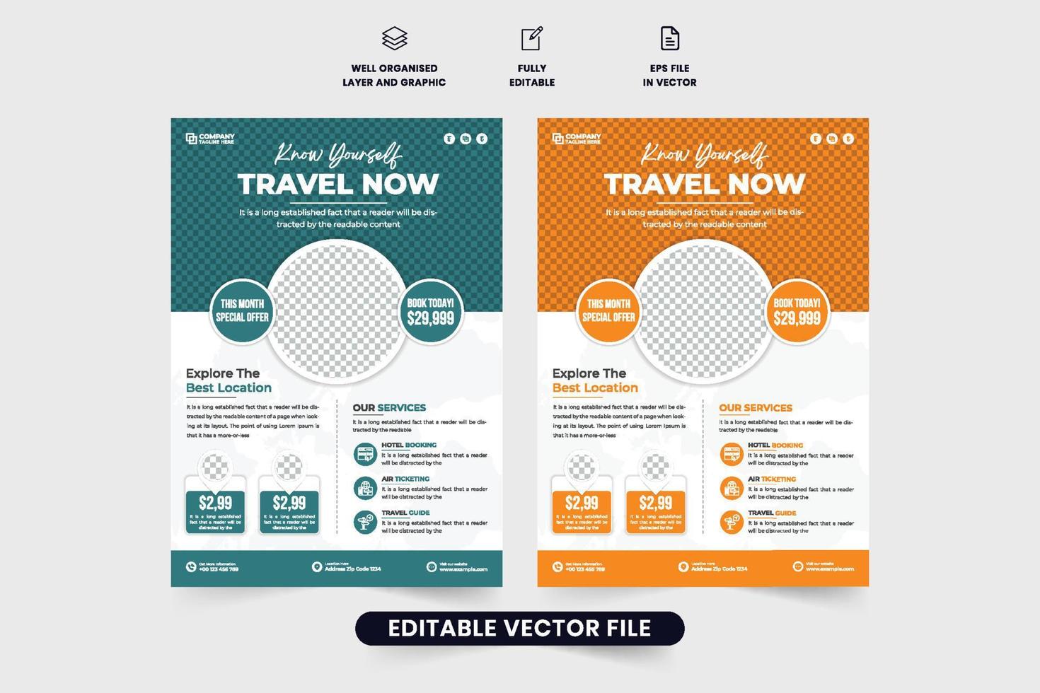 Travel agency advertisement poster and flyer vector for marketing. Touring group flyer template design with discount sections and photo placeholders. Vacation planner leaflet decoration for marketing.