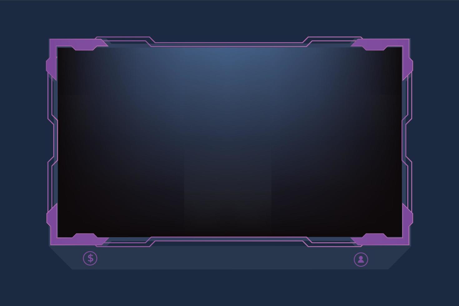 Futuristic gamer screen interface decoration with abstract shapes and purple colors. Modern live-streaming border frame design with subscribe buttons. Special gaming overlay frame vector. vector