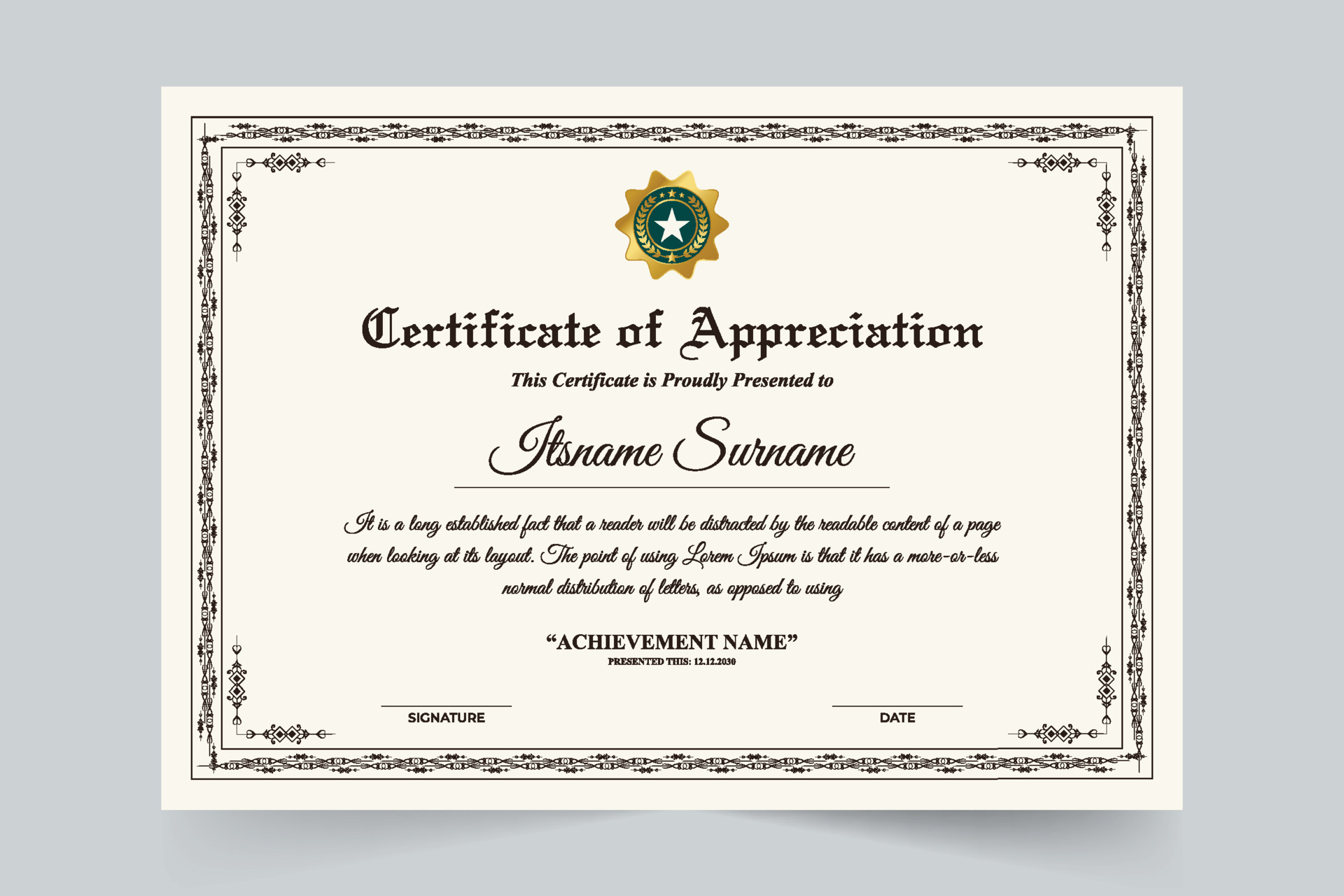 Professional certificate design with creative border decoration and