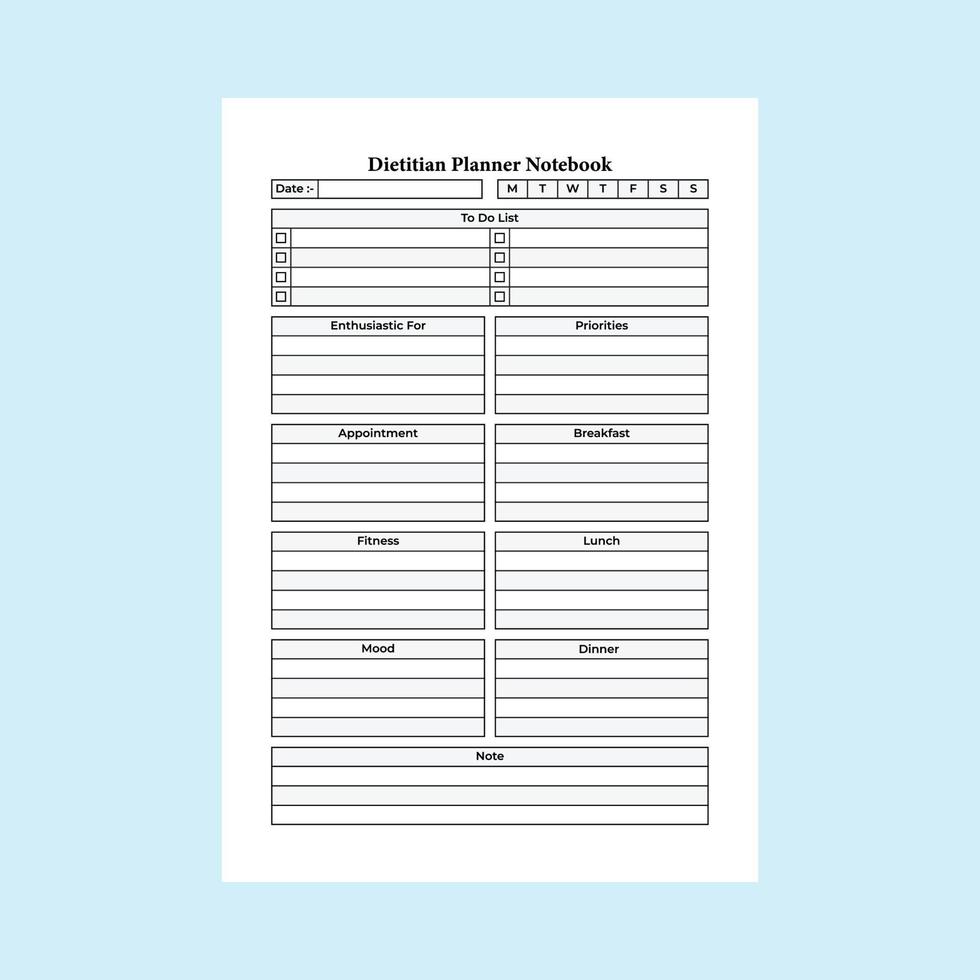 Dietitian Planner template interior. Dietitian daily patient information and food habit planner interior. Logbook interior. Daily nutrition tracker and exercise information journal. vector