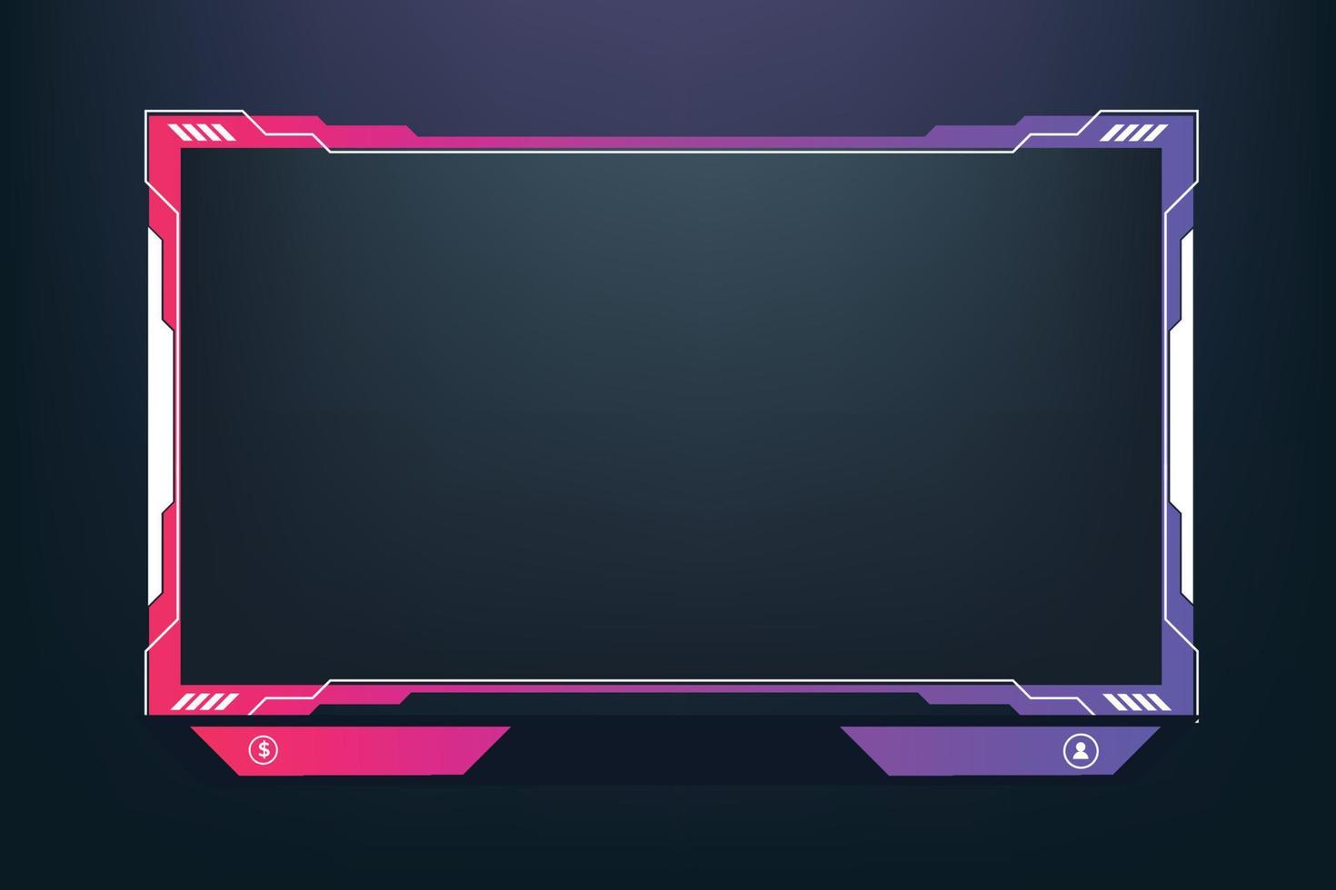 Digital screen interface and border design for online gamers. Abstract gaming overlay decoration with white, pink, and purple colors. Futuristic streaming overlay with buttons and an offline screen. vector