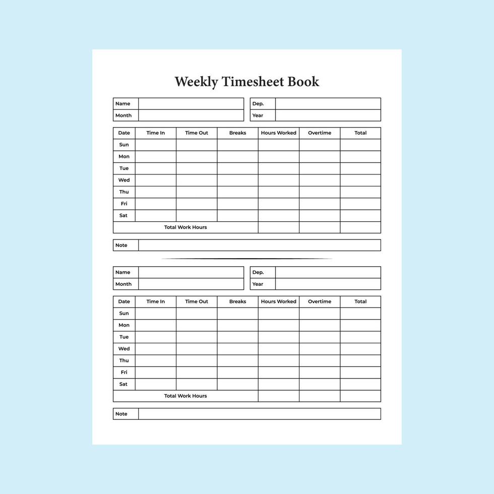 semanal hoja de tiempo Iniciar sesión libro interior. negocio y oficina empleado hora administración diario modelo. cuaderno interior. trabajador hora administración y trabajo hora rastreador diario interior. vector