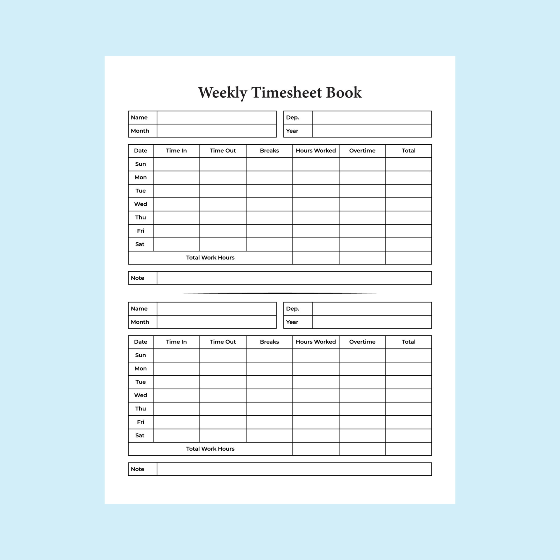 Weekly timesheet log book interior. Business and office employee time