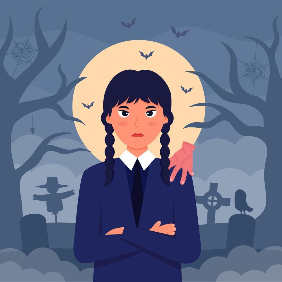 Girl with Dark Dress in Graveyard Concept vector