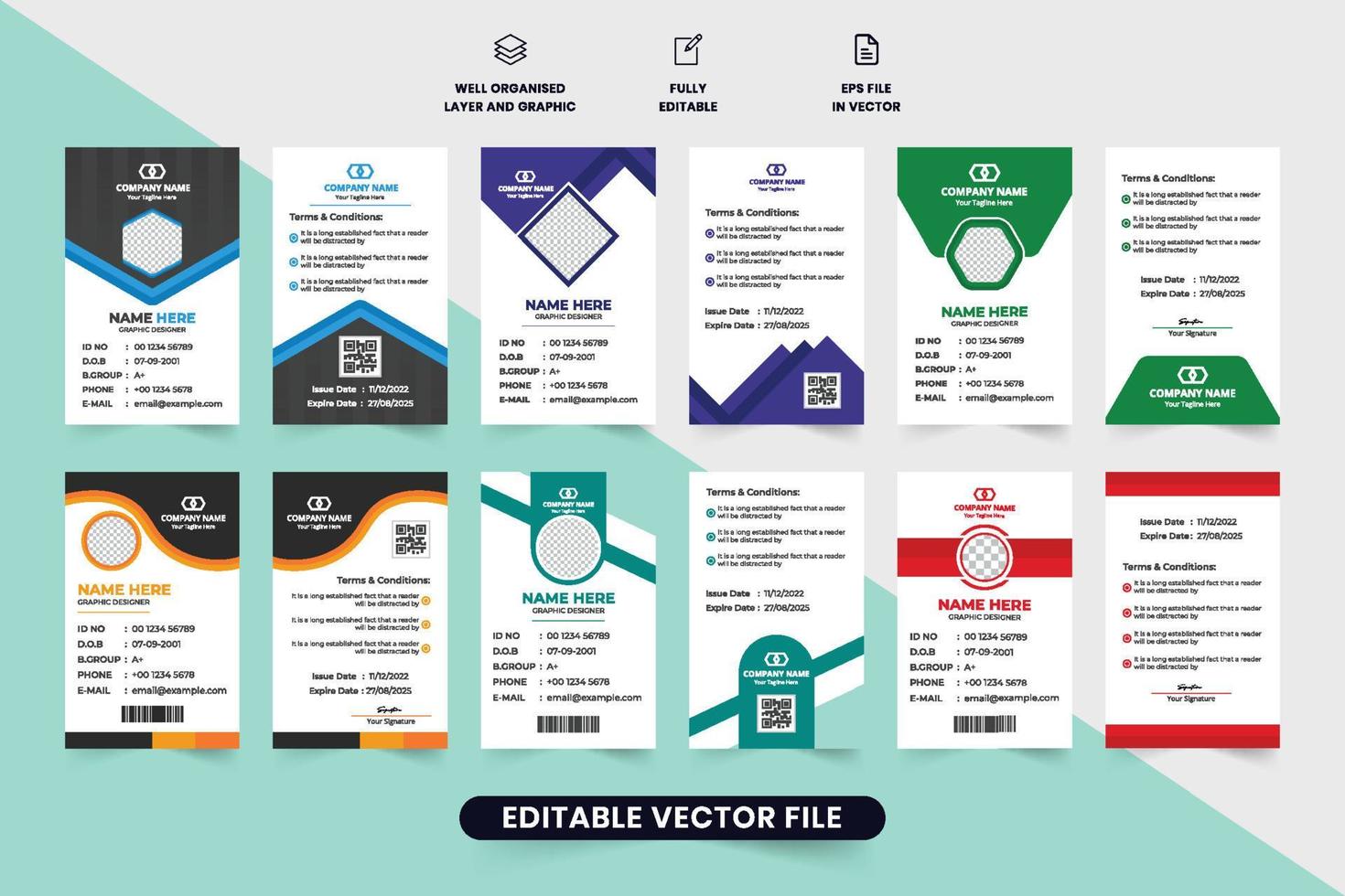 Corporate identity card template collection with photo placeholders. Employee or student ID card set design for office or school. Print-ready identification card template bundle with abstract shapes. vector