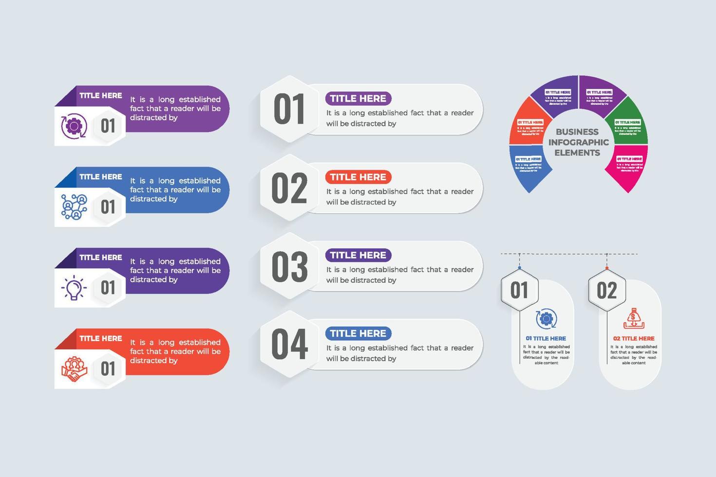 Creative office infographic and pie chart design collection with work process steps. Modern business presentation elements and diagram vector bundle. Abstract data visualization infographic set vector