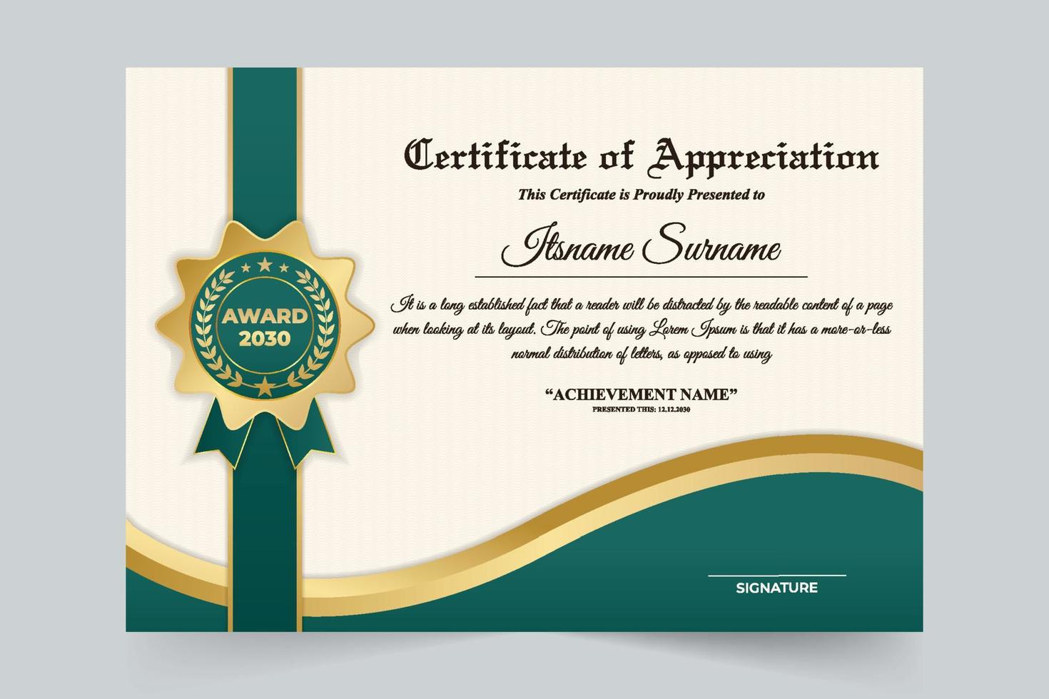 Creative award certificate decoration with green and golden colors. Honor recognition paper and credential vector for academic or official occasions. Achievement certificate frame layout vector.