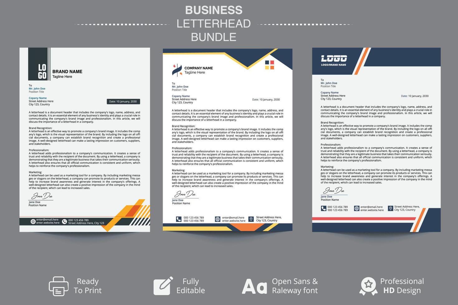 3 Business Letterhead High Quality Editable Design, Corporate letterhead bundle and set. vector