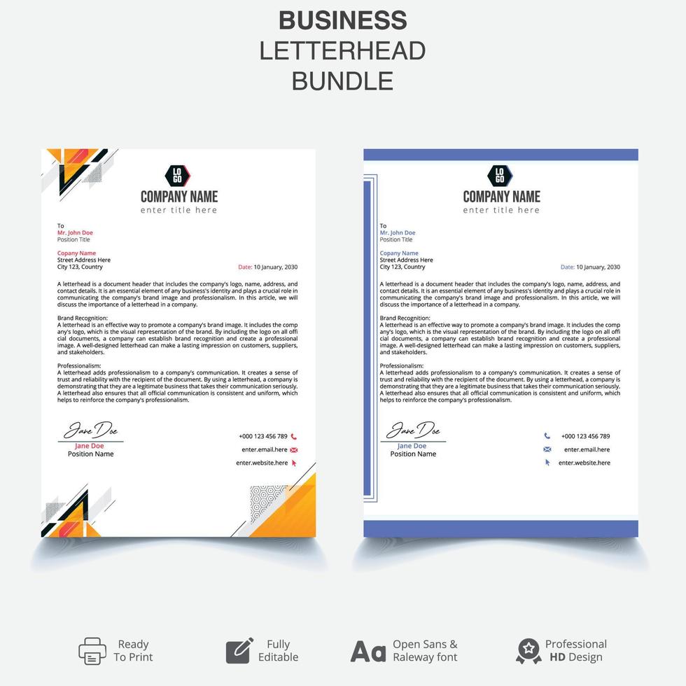 Letterhead template for business or corporate, 2 color letter head bundle set, easily editable and customize. vector