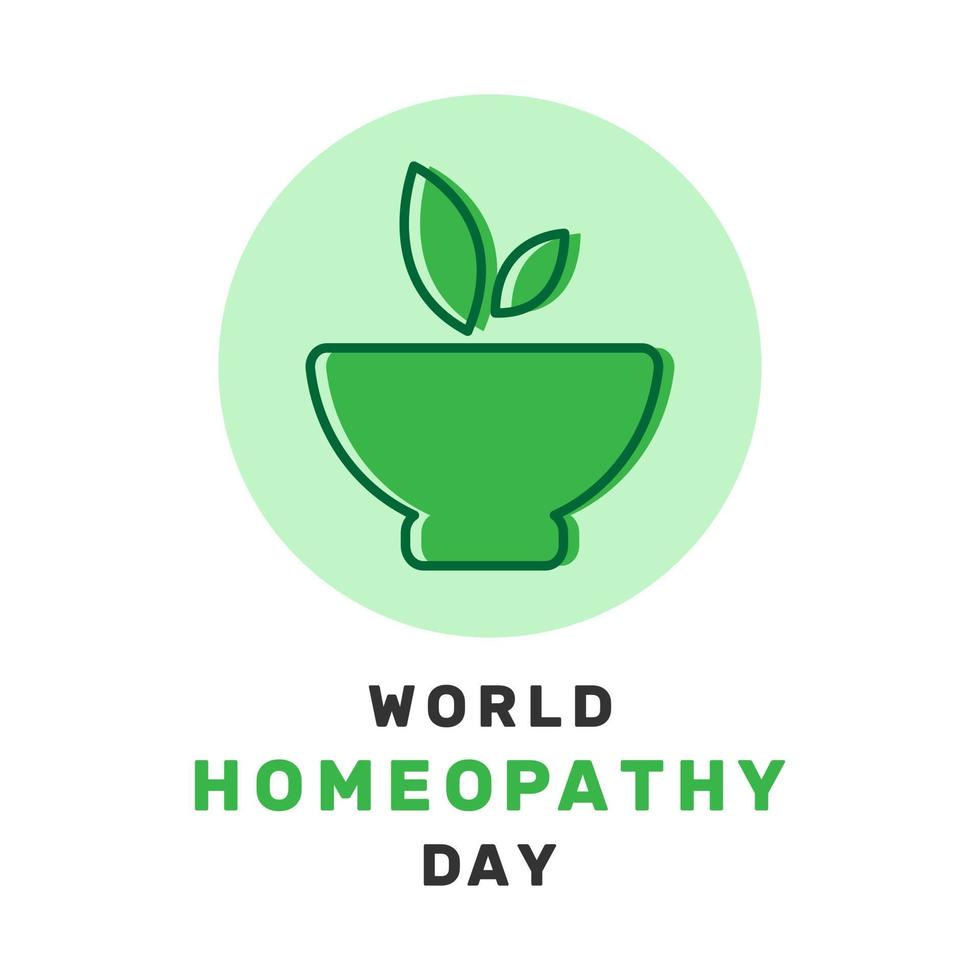 Vector illustration of World Homeopathy Day in flat design with leaves and bowl