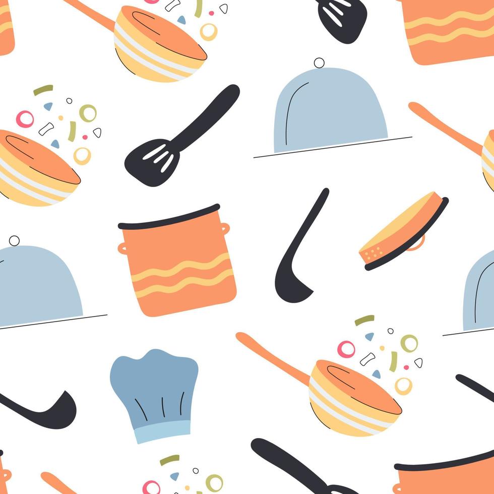 Seamless texture with of hand-drawn kitchen utensils. Can be used for wallpaper, pattern fills, textile, web page background, surface textures. Vector illustration. Kitchen pattern