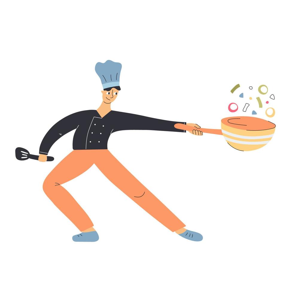 Professional chef in uniform masterfully cooks. Professional job, profession minimalist concept. Chef Character. Restaurant and cafe concept. Cook. Flat vector illustration