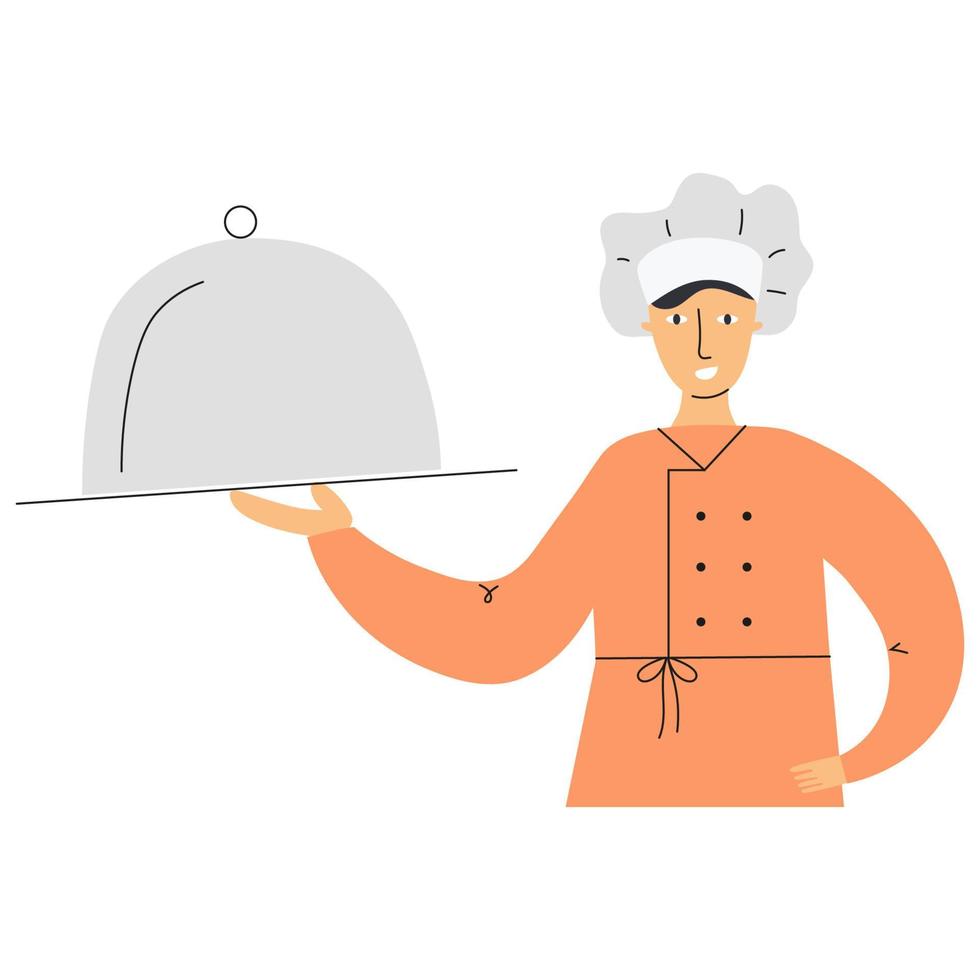 Professional master chef in uniform holding tray and demonstrating dish. Professional job, profession minimalist concept. Chef Character. Restaurant concept. Cook. Flat vector illustration