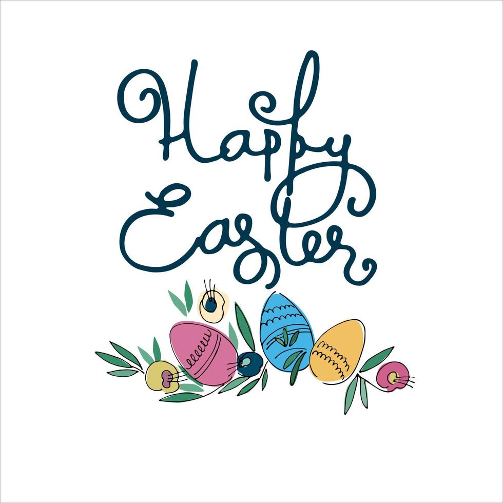 Pascua de Resurrección guirnalda con con letras de mano saludos adentro. huevos, flores, hojas aislado en blanco antecedentes vector