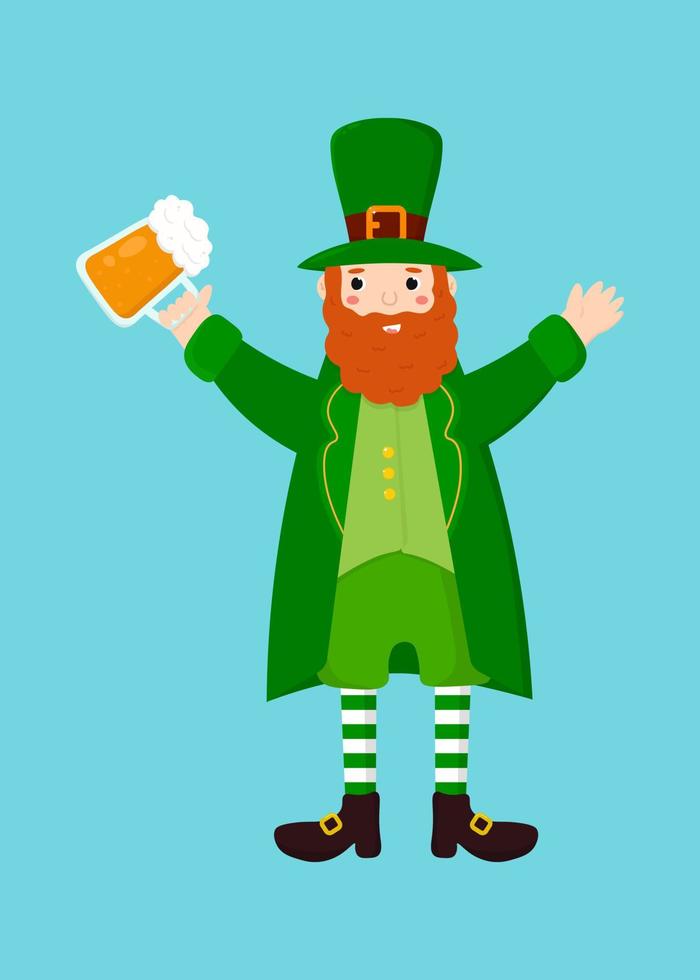 Leprechaun holding a mug of beer isolated on blue background. Cartoon style. Vector illustration.