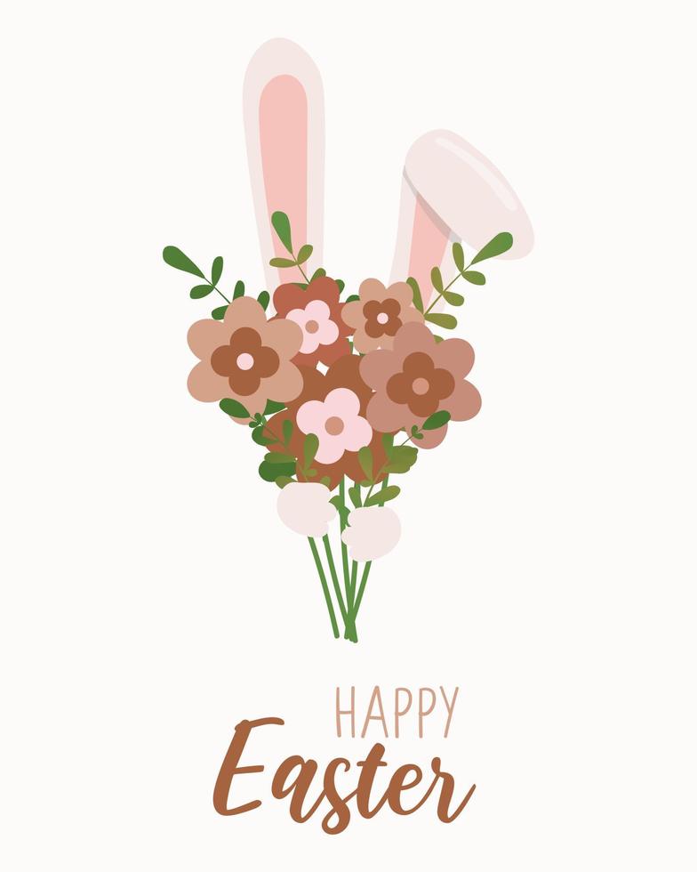 Greeting card with Easter bunny holding bouquet. Vector illustration. Happy Easter