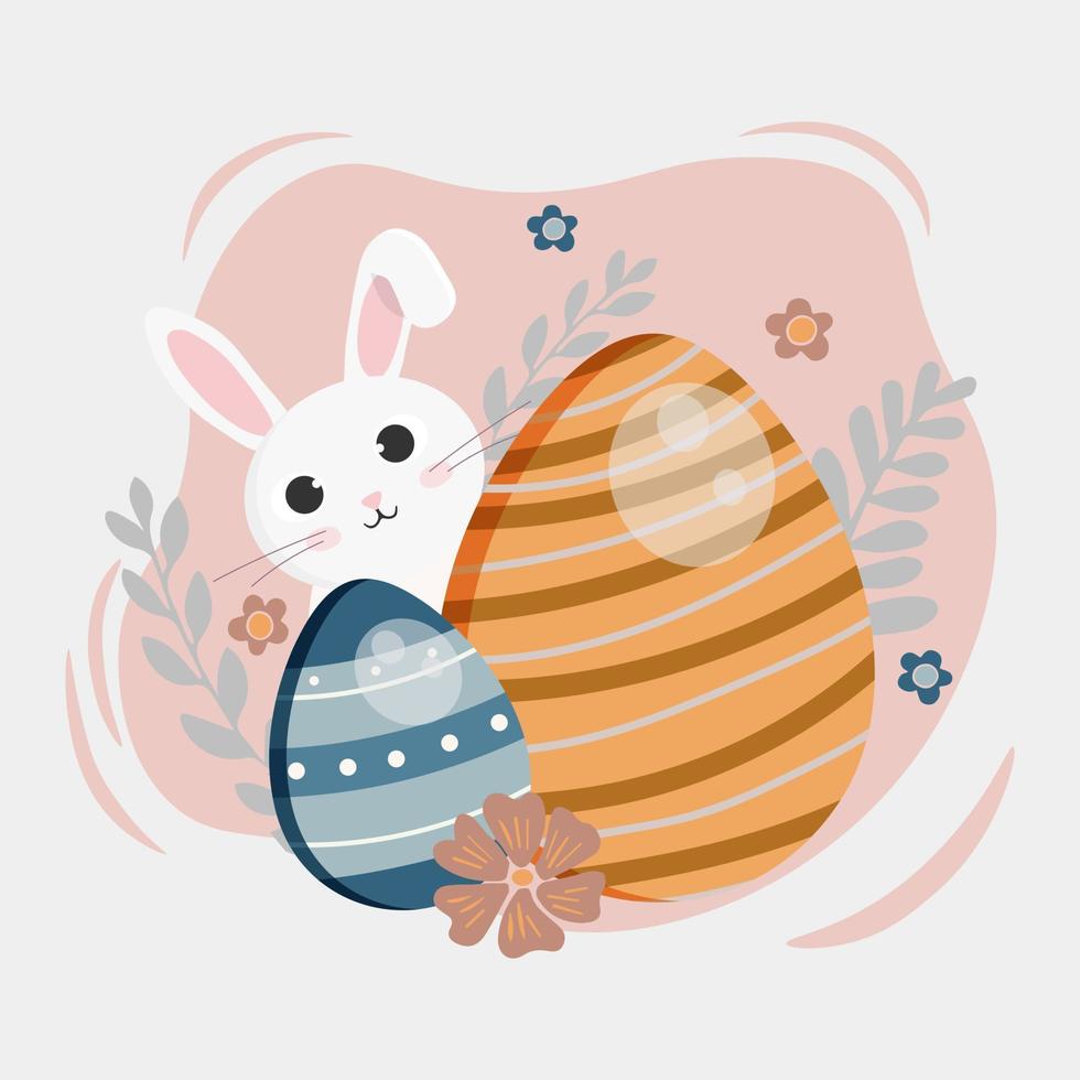 Colorful Happy Easter greeting card with rabbit and eggs. vector