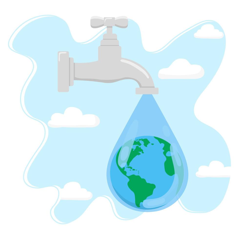 World Water Day Vector Illustration. Illustration with tap and world planet in drop. Perfect for greeting card, poster and banner.