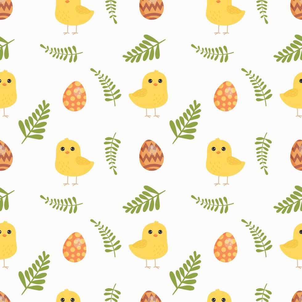 Seamless pattern with baby chicken, eggs and flowers. Background for wrapping paper, greeting cards and seasonal designs. Happy Easter Day. vector