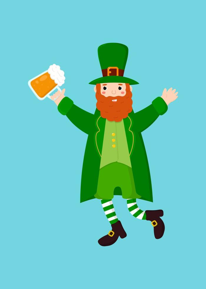 Leprechaun holding a mug of beer isolated on blue background. Cartoon style. Vector illustration.