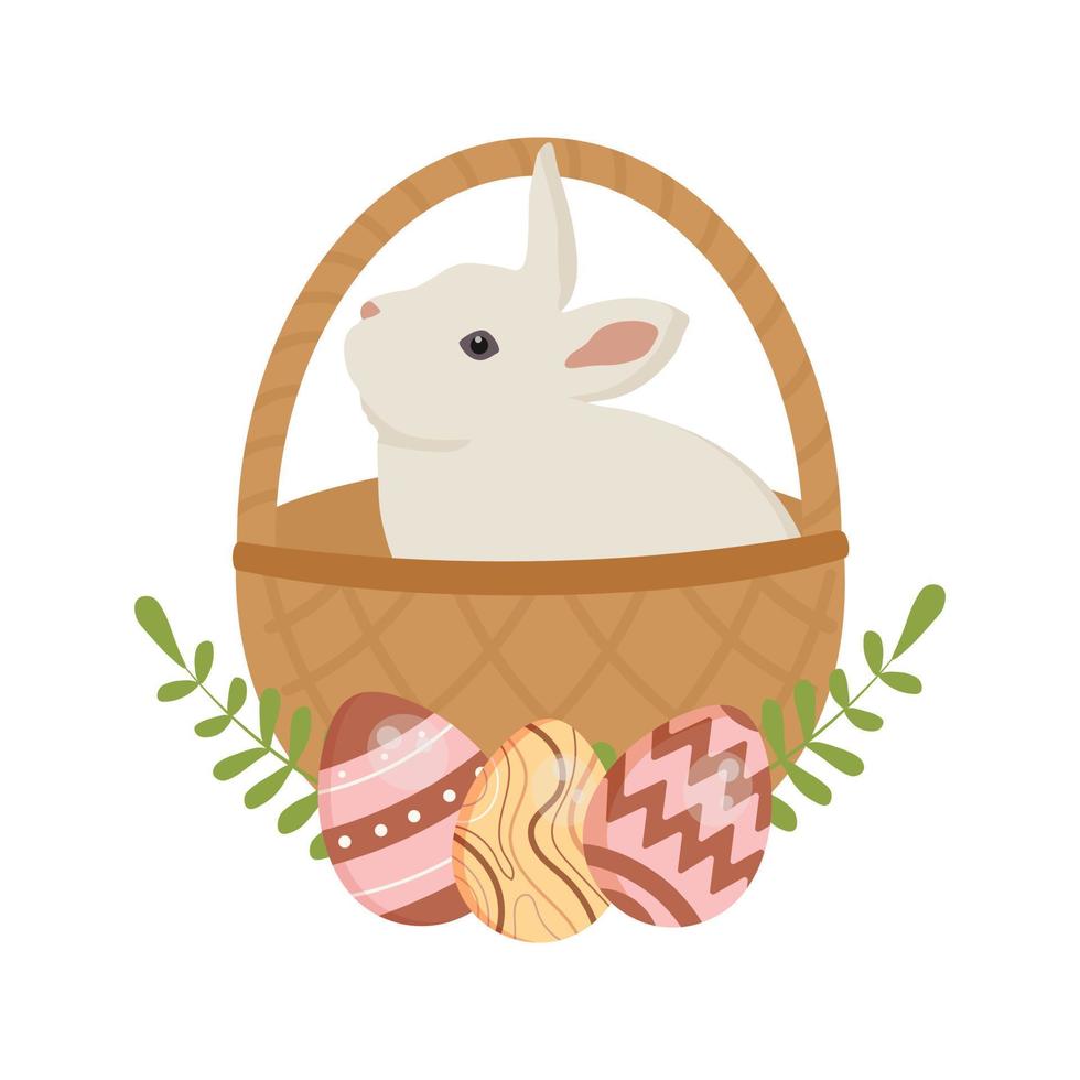 Cute rabbit sitting in basket with easter eggs. Illustration isolated on white background. Happy Easter vector