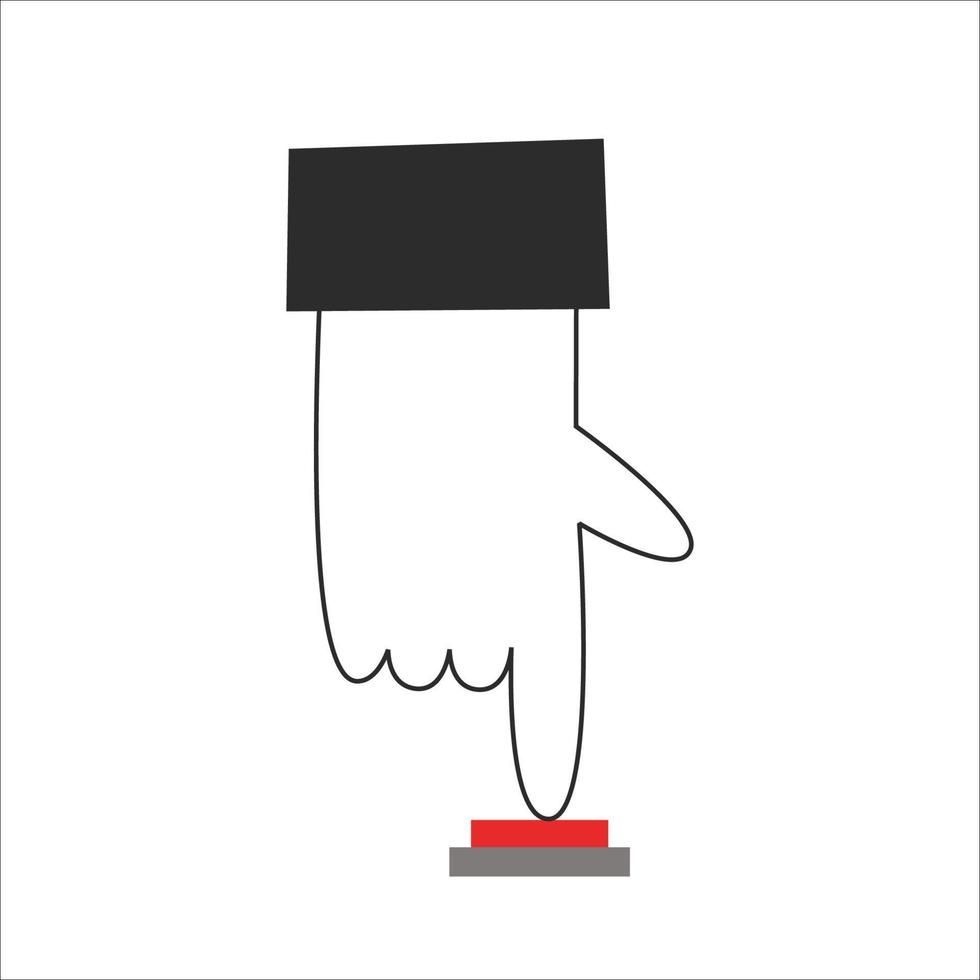 Hand push a red button. Forefinger press start or stop and turns on or off. Vector flat illustration.