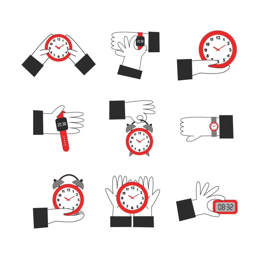 manos sostener reloj y reloj clipart colocar. hora gestión, plazos, productividad concepto. minimalista vector plano ilustración.