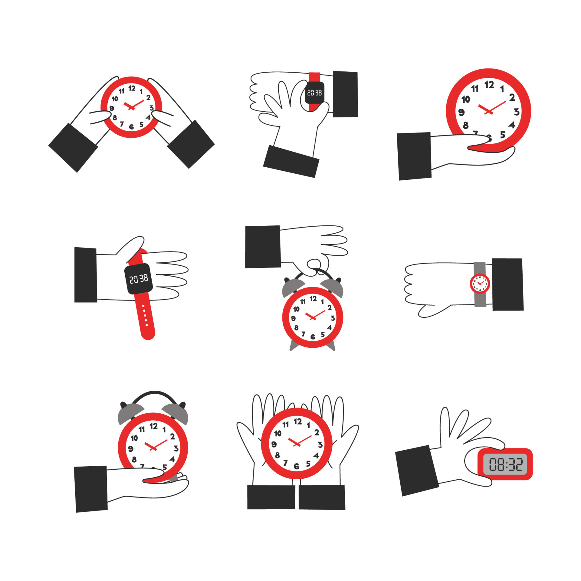 Hands hold clock and watch clipart set. Time management, deadlines