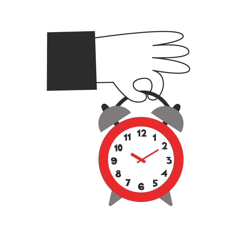 Hands holding hanging alarm clock. Time management concept. Early or late actions, start and finish, hours and minutes, beginning and end, deadline vector flat illustration.