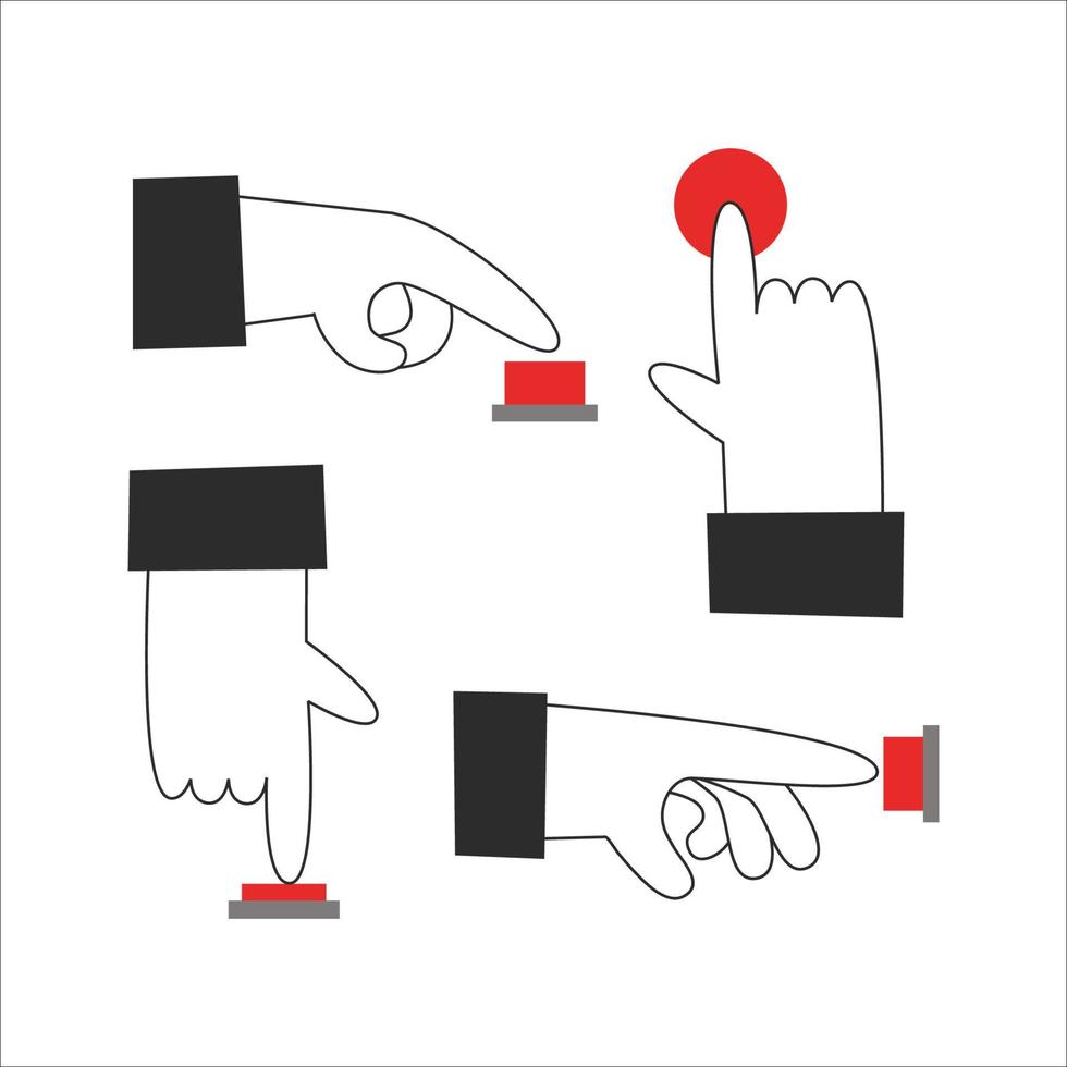 Hand push a red button. Forefinger press start or stop and turns on or off. Vector flat illustration set.