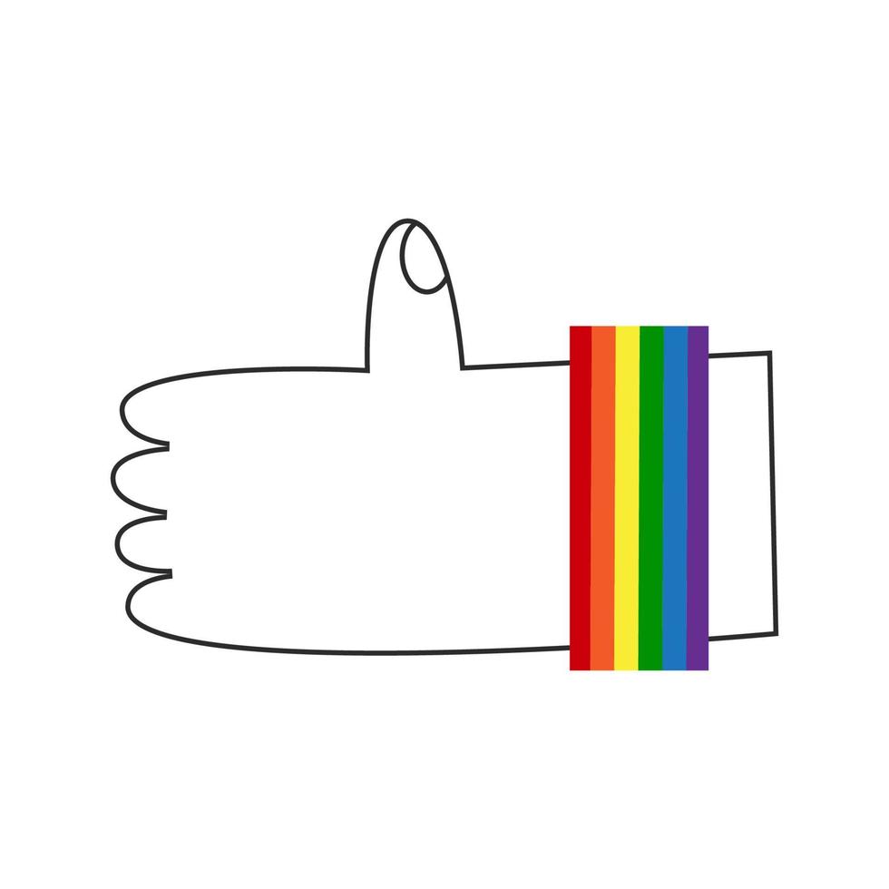 mano con lgbt pulgar arriba. gay me gusta símbolo con arco iris orgullo bandera pulsera. diversidad y inclusión concepto. vector plano ilustración.