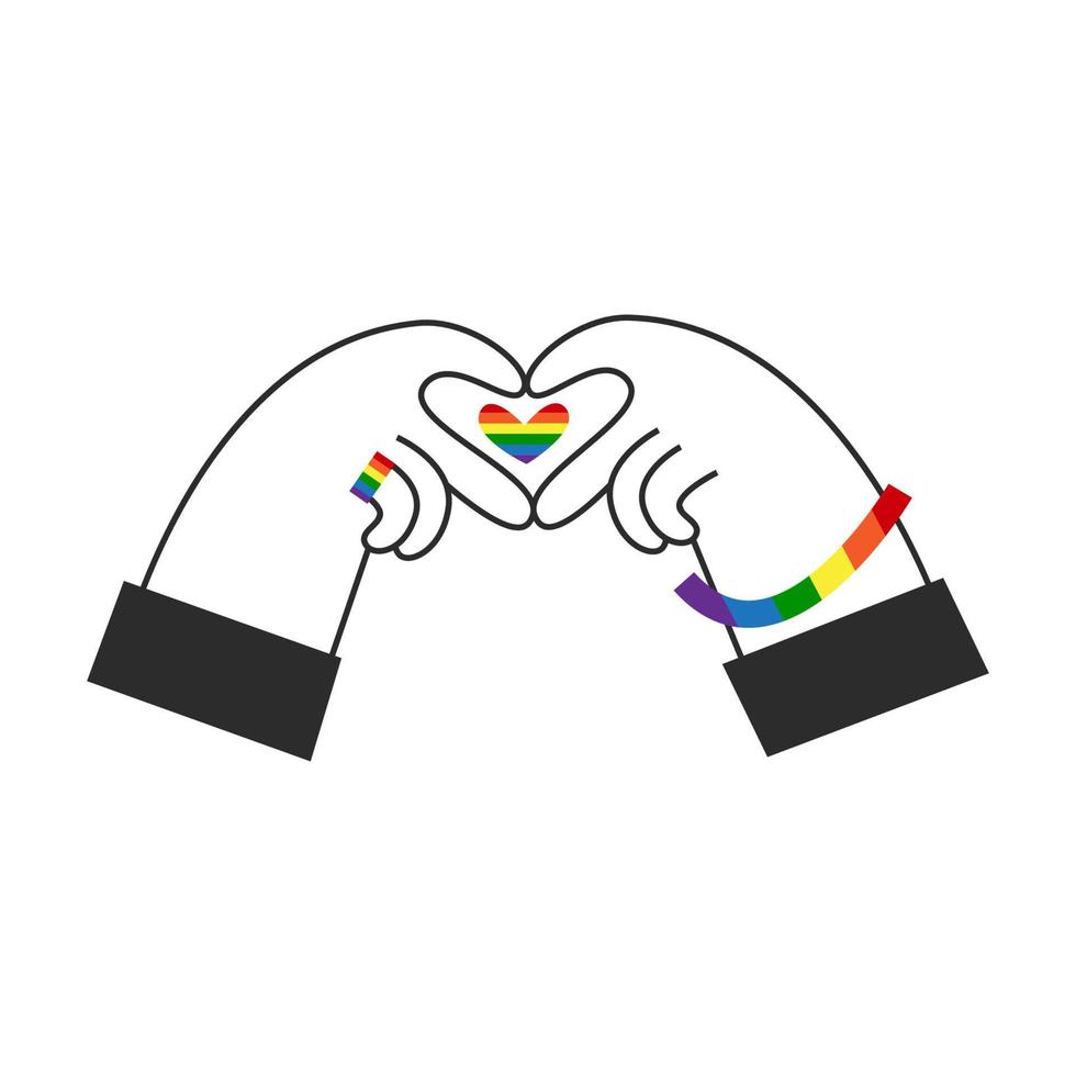 Hands make rainbow heart shape. Gay lgbt flag symbol. Happy pride, Valentines day, diversity and inclusion concept. Vector flat illustration.