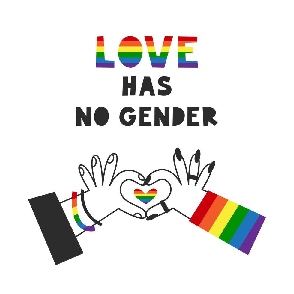Love has no gender Valentines card. Hands make rainbow heart shape. People with a gay lgbt flag symbol. Happy pride, diversity and inclusion concept. Vector flat illustration.