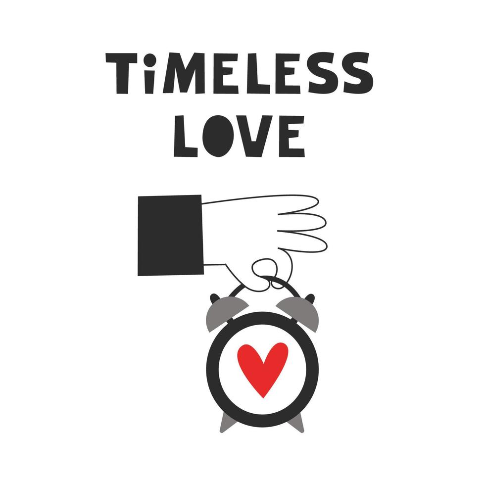 Timeless love Valentines card. Hand holding alarm clock with a heart. Together forever concept. Minimalistic vector flat illustration.